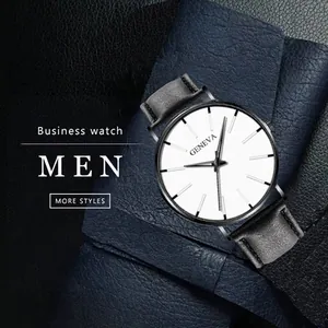 Detailansicht der GENEVA Business-Herrenuhr mit weißem Zifferblatt und grauem Lederarmband
