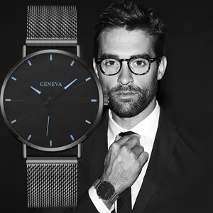 Minimalist black Geneva men's business watch with blue indices and steel mesh band