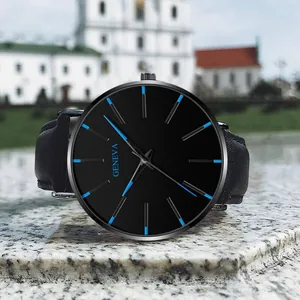 Mode Genf Quarzuhr für Herren mit schwarzem Gehäuse und blauen Akzenten am Lederarmband