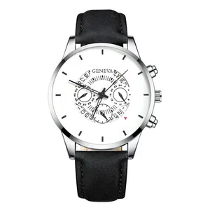 Montre à quartz Geneva pour homme avec cadran blanc et bracelet en cuir noir