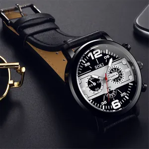 Montre à quartz décontractée pour homme avec bracelet en cuir noir et cadran SOKI