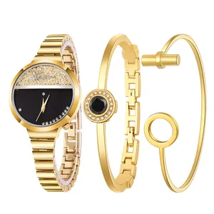 Damen-Quarzuhren-Set in Gold mit schwarzem Zifferblatt, Diamanten und Armbändern