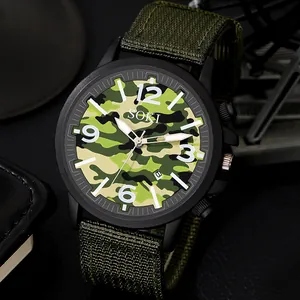 Men Military Sports Quartz Watch Camouflage Nylon Braided Strap Date Calendar Analog Round Dial Outdoor Wristwatch