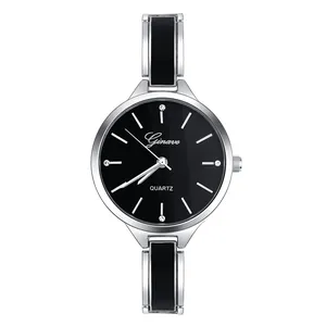Fashionable Ginave quartz watch for women with silver metal band and black dial