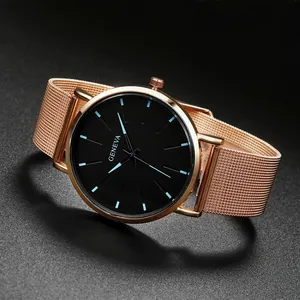 Men's Geneva rose gold mesh quartz watch with black dial and blue markers