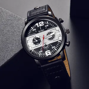 Montre à quartz SOKI pour homme avec bracelet en cuir noir et boîtier sport en métal