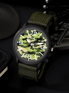 Military style men's quartz watch with green camouflage dial and olive nylon strap