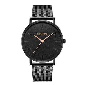 Minimalist Geneva mesh strap watch in black with rose gold accents on a white background