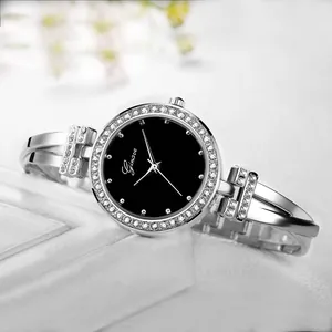 Fashion silver bangle watch with black dial and crystals for women, elegant quartz style