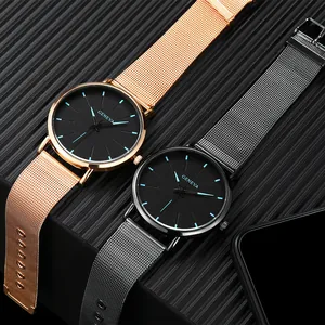 Detailed close-up of Geneva quartz watches with mesh bands and blue indices on black dials