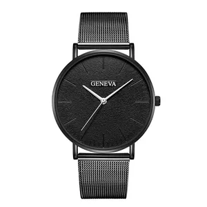 Close-up of minimalist black dial and mesh strap of ultra-thin Geneva men's watch