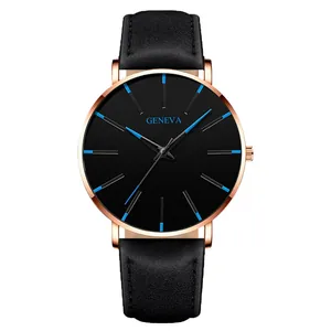 Minimalistische Herrenuhr mit Roségoldgehäuse, schwarzem Zifferblatt und blauem Index