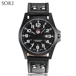 Orologio sportivo militare SOKI da uomo con cinturino in pelle nera e datario