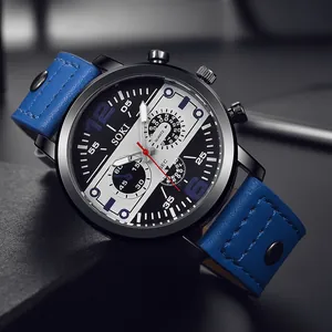 Détail de la montre SOKI pour homme avec bracelet en cuir bleu et boîtier en métal noir