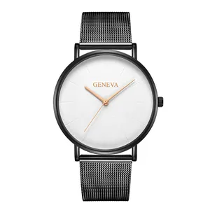 Detail of Geneva minimalist watch with black mesh strap and rose gold hands