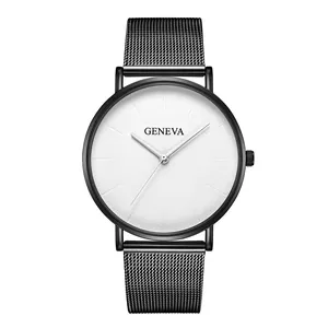 Detail view of a black mesh strap quartz watch with a minimalist white textured dial