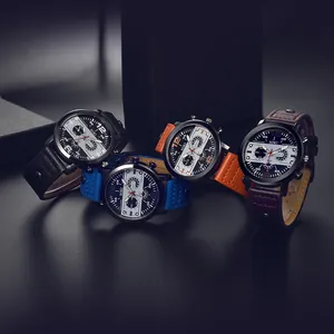 Gros plan des montres à quartz SOKI avec bracelets en cuir noir, bleu, orange et marron
