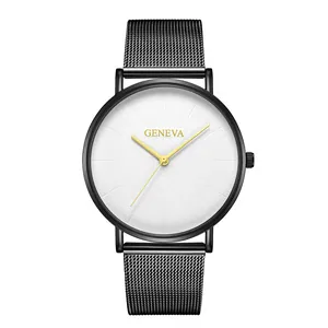 Detail view of the ultra-thin Geneva men's watch with mesh strap and white dial face