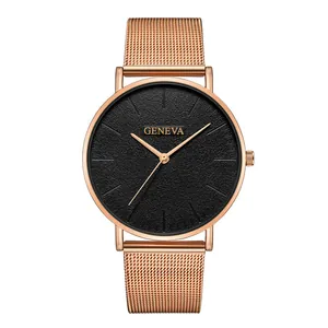 Minimalist Geneva men's watch with rose gold mesh strap and textured black dial
