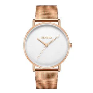 Close-up of Geneva rose gold mesh watch band with detailed polished texture and buckle