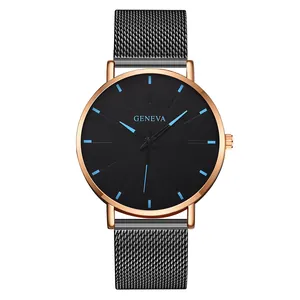 Detail of Geneva quartz watch with rose gold case, black dial and blue markers