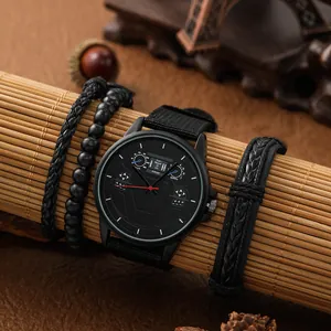 Set Orologio al Quarzo e Bracciali da Uomo Quadrante Creativo a Cruscotto Auto Cinturino in Tela Cassa in Lega Regalo