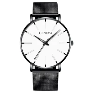 Geneva minimalist men's quartz watch with black mesh band and white dial design