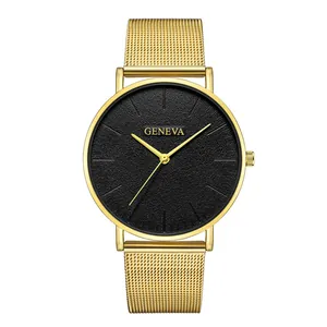 Geneva minimalist men's quartz watch with black dial and golden mesh steel strap