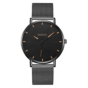 Detailed close-up of the black mesh strap and sleek watch face with rose gold markers
