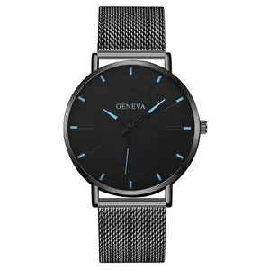 Detail of Geneva black mesh watch showing blue hour markers and minimalist dial finish