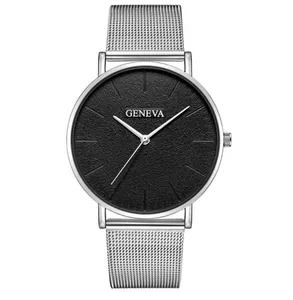 Detail of minimalist black matte watch dial with silver stainless steel mesh band