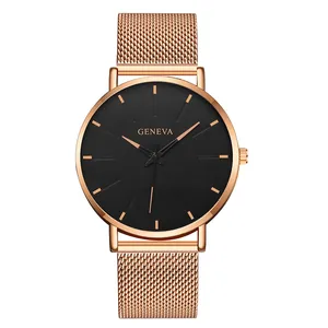 Detailed close-up of Geneva men's watch with rose gold mesh band and black dial