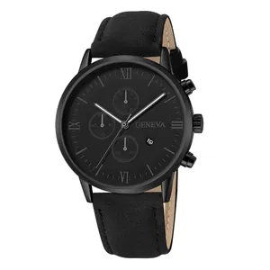 Sleek Geneva black quartz business watch for men with leather strap and calendar feature