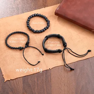 Set di tre bracciali punk neri con pelle intrecciata e perline opache