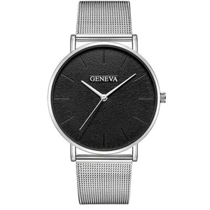 Minimalist silver mesh strap quartz watch with a sleek black round dial for men