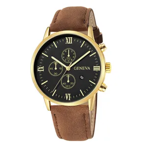 Detail view of the gold bezel and black dial with Roman numerals on the Geneva watch