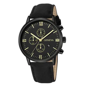 Macro view of Geneva men's watch dial with golden Roman numerals and leather strap