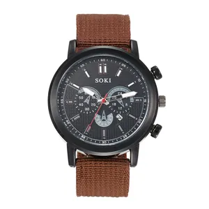 Montre à quartz pour hommes avec trois sous-cadrans et bracelet en nylon tressé brun