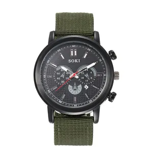 Montre SOKI pour homme style militaire avec bracelet en toile verte et cadran calendrier