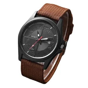 SOKI men's tactical quartz watch with brown canvas strap and black calendar dial display
