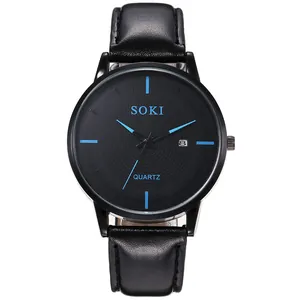 Orologio sportivo SOKI al quarzo da uomo con cinturino in pelle nera e indici blu cielo