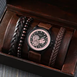 SOKI Herren Quarzuhr Mit Kalender Analoganzeige Segeltucharmband Und Geflochtenem Leder Perlenarmbänder Lässige Sport Armbanduhr Schmuck Kit Für Herren