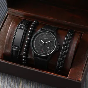 SOKI Herren-Quarzuhr Set mit schwarzem Segeltucharmband und drei Perlenarmbändern