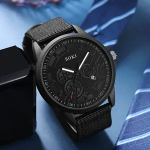 SOKI Herren Sportuhr mit schwarzem Zifferblatt und Nylonarmband auf Krawatte