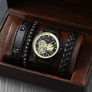 Schwarze SOKI Quarzuhr mit Stoffarmband und drei schwarzen Armbändern in Geschenkbox