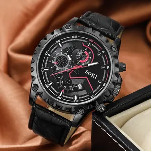 SOKI men's casual sports quartz watch with black leather strap and textured dial