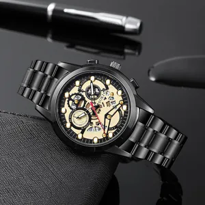 SOKI all-black multifunctional men's quartz watch with date display and gold gears