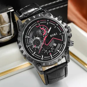 Black SOKI quartz sport watch with embossed leather strap and red dial accents
