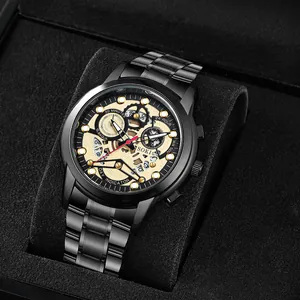 SOKI men's black stainless steel business watch with skeleton dial in a gift box