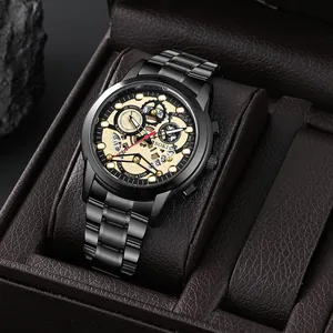 SOKI Men's business quartz watch with black stainless steel strap and skeleton dial